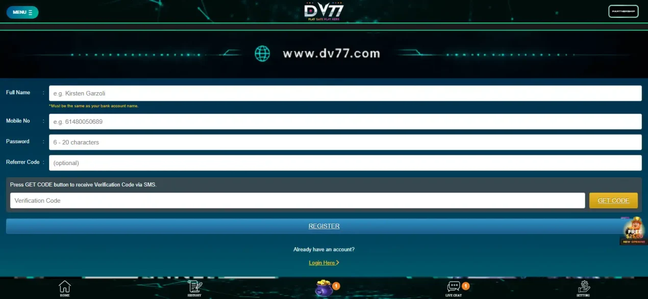 Official DV77 registration interface