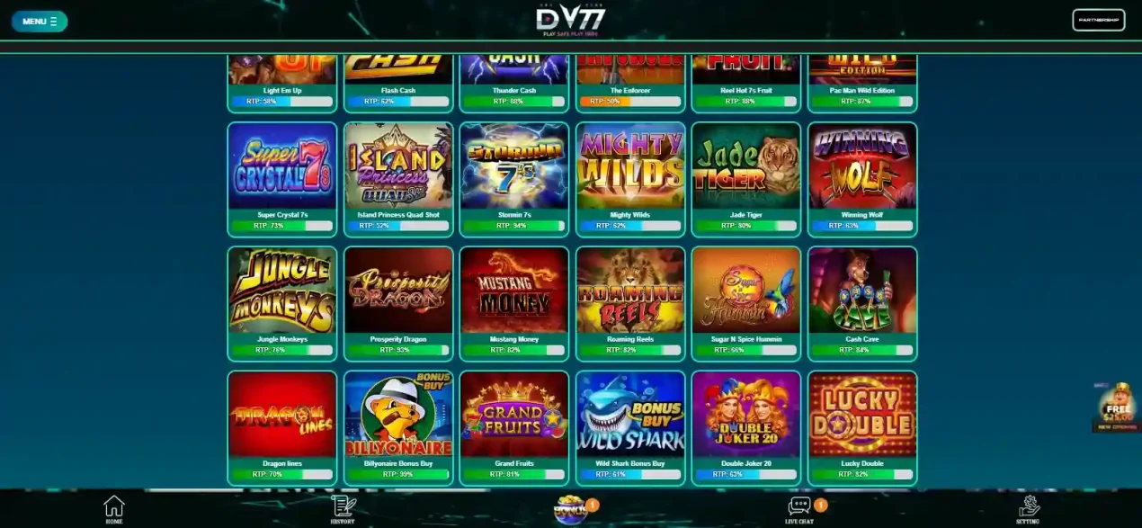 DV77 game lobby showing multiple casino game categories on the official website