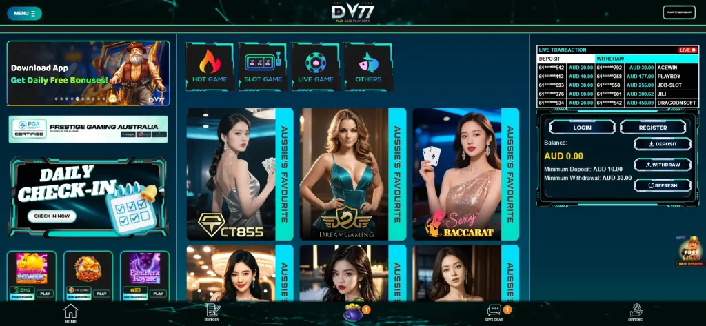 DV77 live casino or live dealer section shown in the official interface