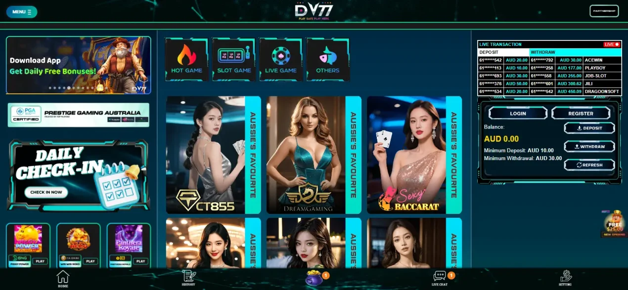 DV77 live casino or live dealer section shown in the official interface