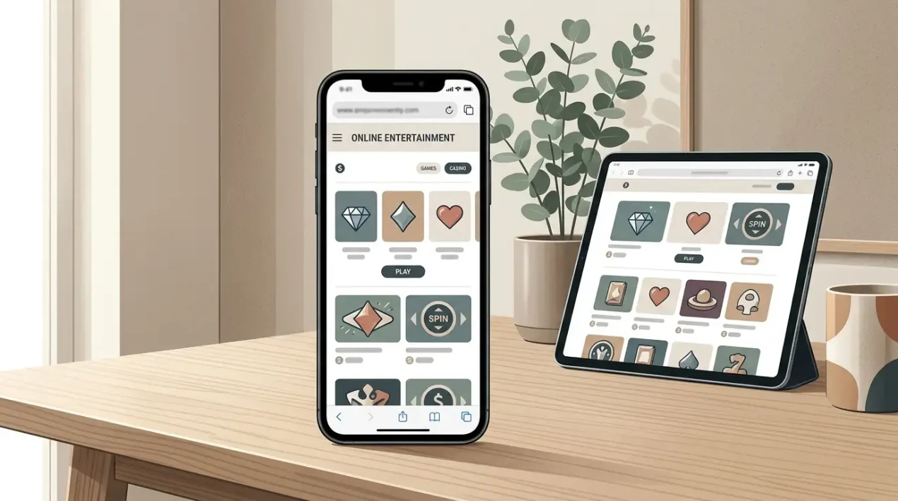 Illustration of a smartphone showing a neutral casino-style website in a mobile browser