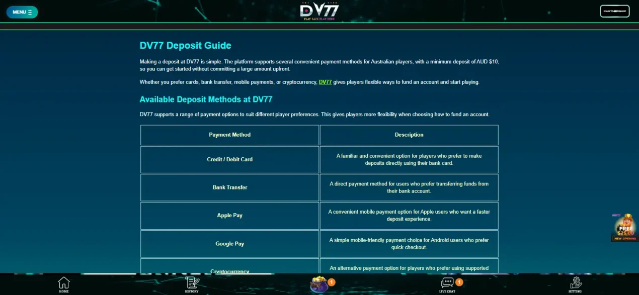 Current DV77 official deposit guide showing its listed payment methods