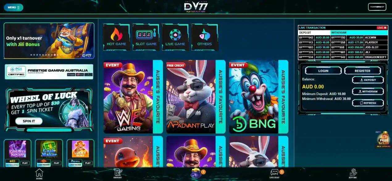 DV77 pokies or slots section shown in the official casino interface