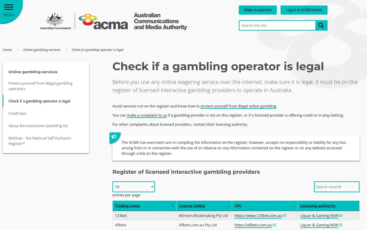 ACMA licensed interactive gambling provider register