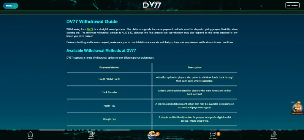 DV77 withdrawal guide showing the cashout process and available withdrawal information