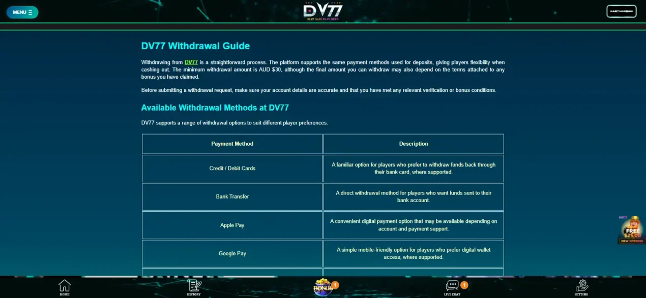 DV77 withdrawal guide showing the cashout process and available withdrawal information